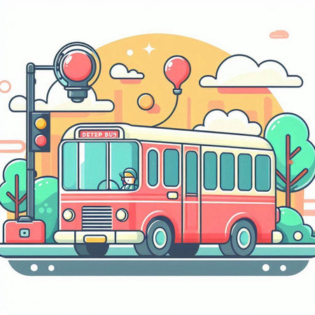 Vector illustration of a school bus on the road. Flat style.のイラスト素材