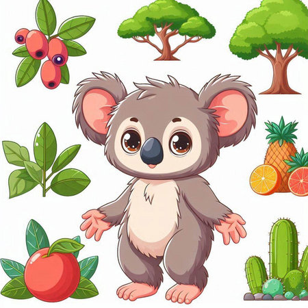 Cute koala cartoon with different tropical plants and fruits on white background illustrationのイラスト素材