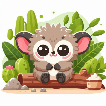 Cute hedgehog sitting on a log in the jungle. Vector illustrationのイラスト素材