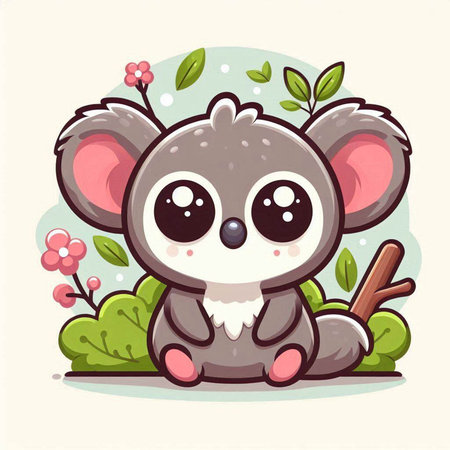 Cute koala with flowers and leaves. Vector illustration in cartoon style.のイラスト素材
