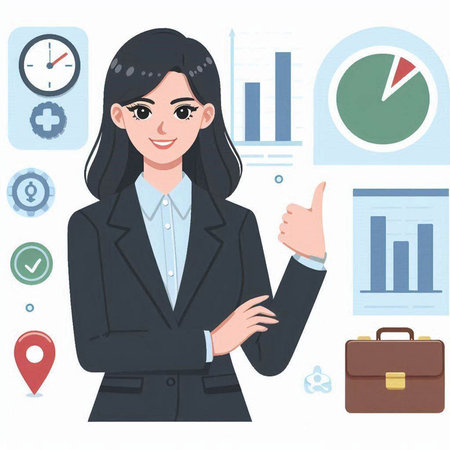 Business woman with a briefcase showing thumbs up. Vector illustration.のイラスト素材