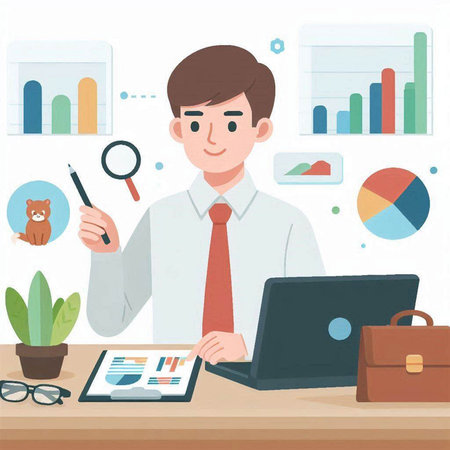 Businessman working on laptop at office. Vector illustration in flat styleのイラスト素材