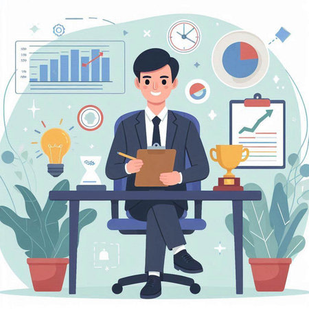 Businessman sitting at the table in office. Vector illustration in flat styleのイラスト素材