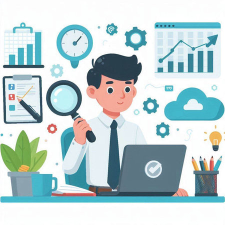 Businessman working on laptop at office. Vector illustration in flat styleのイラスト素材