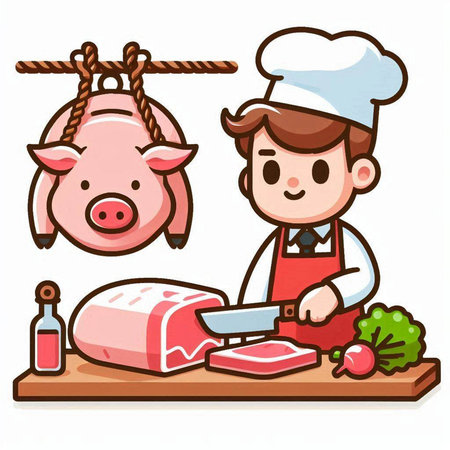 Butcher and pig in the kitchen. Vector illustration of a cartoon character.のイラスト素材