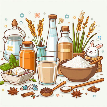 Illustration of dairy products, milk, sour cream, yogurt, cottage cheese, butter, milk, eggs, honey, oatmeal, cinnamon, vanilla, anise.のイラスト素材