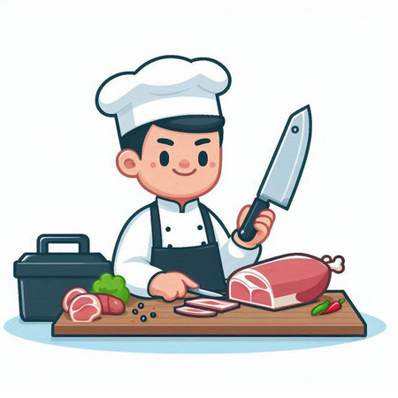 Chef with meat and knife on the cutting board. Vector illustration.のイラスト素材