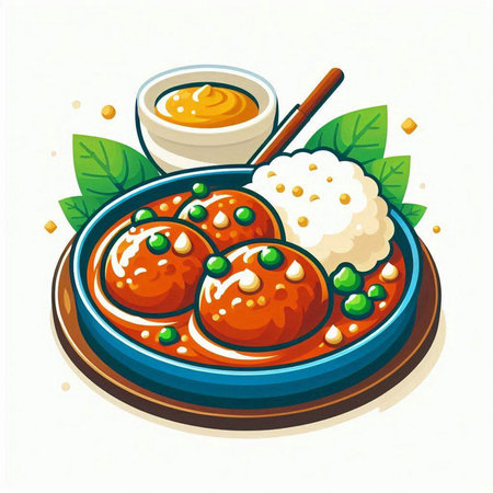 Rice balls with sauce on a plate. Cartoon vector illustration.のイラスト素材