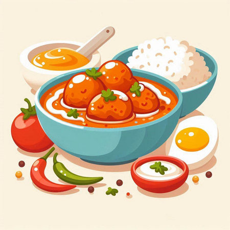 Vector illustration of a bowl of tomato sauce, rice, eggs and pepper.のイラスト素材