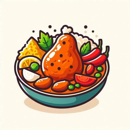 Illustration of a bowl of rice with chicken and vegetables. Vector illustration.のイラスト素材