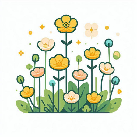Flower and grass vector illustration in flat style. Floral background.のイラスト素材