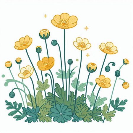 Floral background with yellow buttercups, hand drawn vector illustrationのイラスト素材