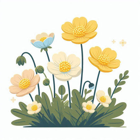 Flowering meadow with daisies, vector illustration.のイラスト素材