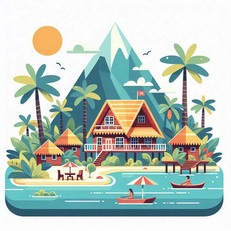 Vector illustration of tropical island with bungalows, palm trees, bungalows, beach, sea and mountain.のイラスト素材