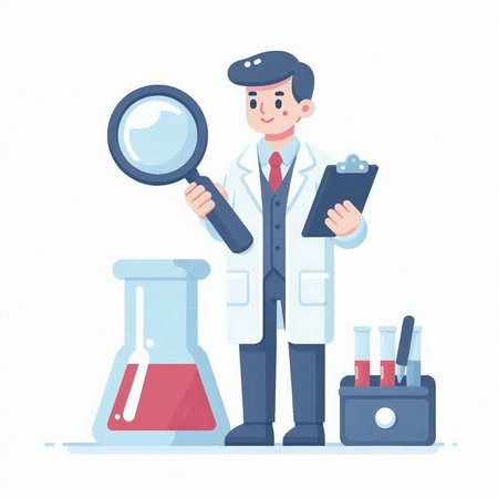 Scientist with magnifying glass, test tube and flask. Vector illustration.のイラスト素材