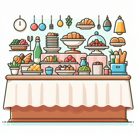 Illustration of a Buffet Table with Food and Drinks - Vectorのイラスト素材