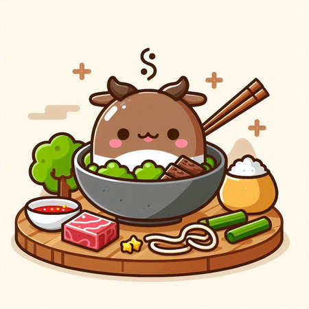 Illustration of a Cute Cow Eating Noodles in a Bowlのイラスト素材