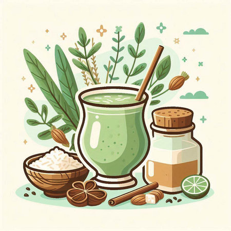 Healthy green smoothie with herbs and spices. Vector illustration.のイラスト素材