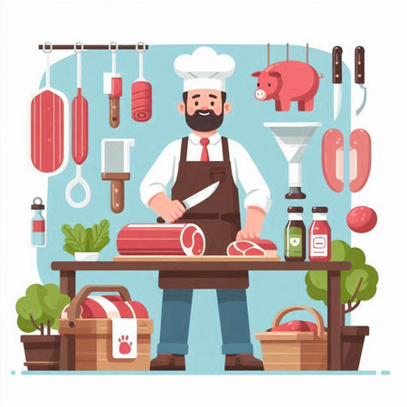 Butcher man in apron cutting meat. Vector flat cartoon illustrationのイラスト素材