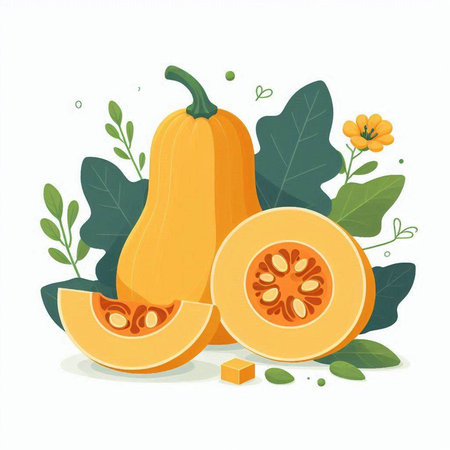Pumpkin, whole and half with leaves and flowers. Vector illustrationのイラスト素材