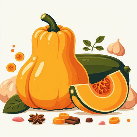 Pumpkin, garlic, pepper and spices. Vector illustration.のイラスト素材