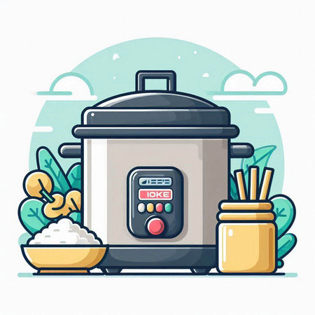 Vector illustration of rice cooker with rice bowl in flat design style.のイラスト素材