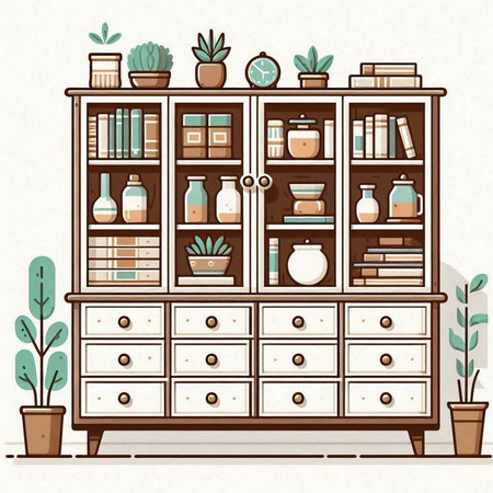 Illustration of a cabinet with books and plants. Vector illustration.のイラスト素材