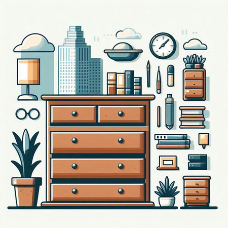 Vector illustration of a wooden chest of drawers with furniture and accessories.のイラスト素材