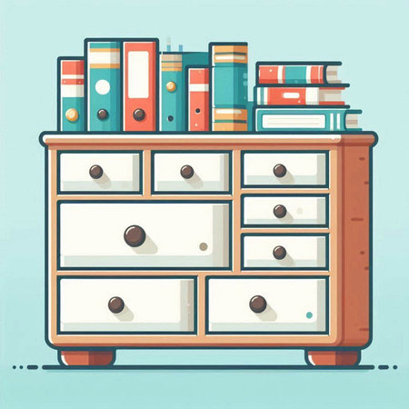 Wooden chest of drawers with books and folders. Vector illustration.のイラスト素材