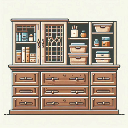Illustration of a cabinet with drawers and books. Vector illustrationのイラスト素材