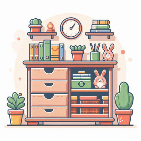 Flat design vector illustration of a cozy home library with bookshelves, books, cacti and other items.のイラスト素材