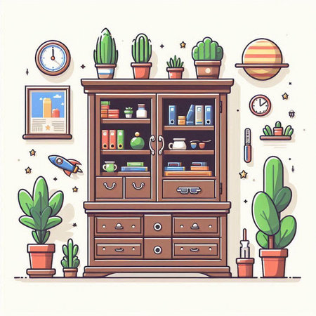 Vector illustration of a shelf with books, cacti and other plants.のイラスト素材