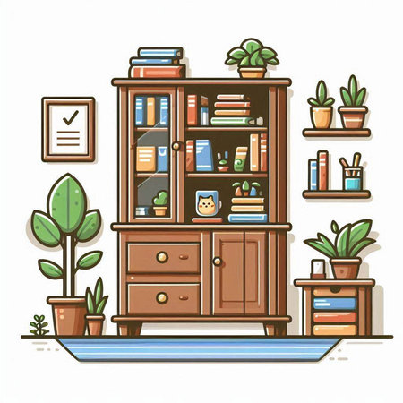 Cabinet with books and plants. Vector illustration in flat styleのイラスト素材