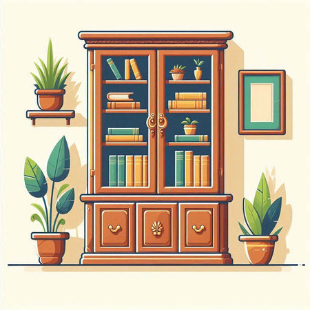 Cabinet with books and plants. Vector illustration in flat styleのイラスト素材