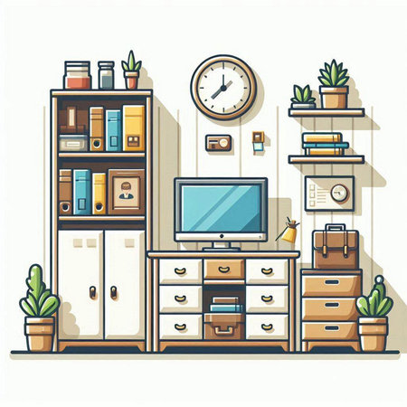 Furniture and home office interior. Vector illustration in flat styleのイラスト素材