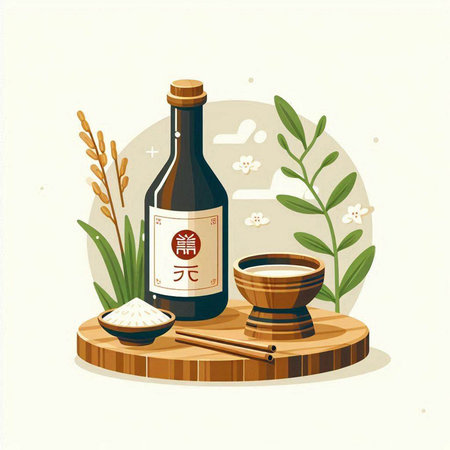 Japanese sake in a bottle on a wooden stand. Vector illustration.のイラスト素材