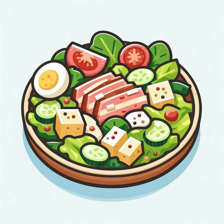 Salad with tuna, cucumber, tomato, cheese and eggs. Vector illustration.のイラスト素材