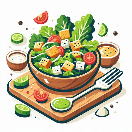 Salad with feta cheese and cucumber. Vector illustration.のイラスト素材