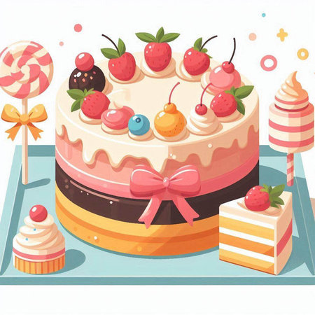 Illustration of a cake with strawberries, cherries, cream and lollipopsのイラスト素材