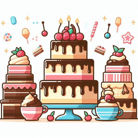 Birthday cake with cup of coffee and sweets. Vector illustration.のイラスト素材