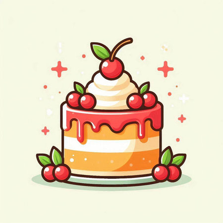 Cake with cherries. Vector illustration in doodle style.のイラスト素材