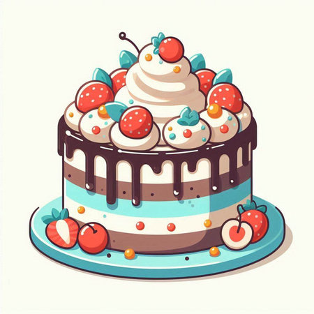 Cake with cherries and cherries. Vector illustration in cartoon style.のイラスト素材