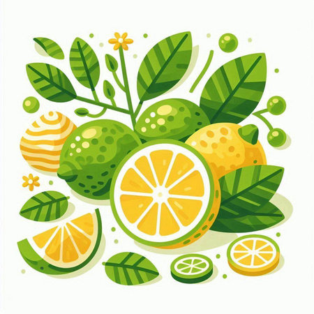 Citrus fruit vector illustration. Lemon, orange, lime, lemon, lime, leaf.のイラスト素材