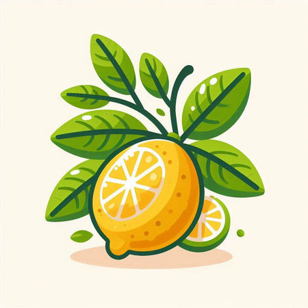 Lemon with green leaves on a white background. Vector illustration.のイラスト素材