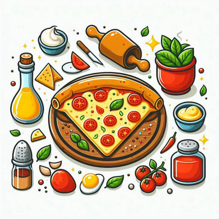 Pizza and ingredients for cooking. Vector illustration in cartoon style.のイラスト素材