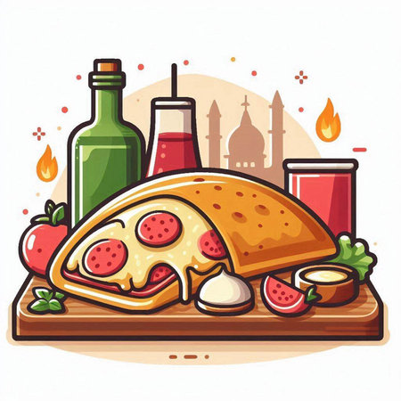 Illustration of pizza and ingredients on the table. Vector illustration.のイラスト素材