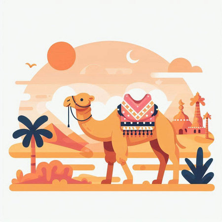 Camel on the background of the sunset. Vector illustration in flat styleのイラスト素材