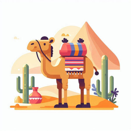 Camel in desert flat vector illustration. Cute animal with a gift in a bag on his back.のイラスト素材