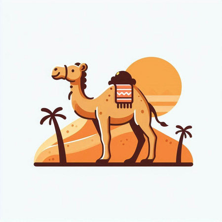Camel in the desert with palm trees and sun. Vector illustrationのイラスト素材