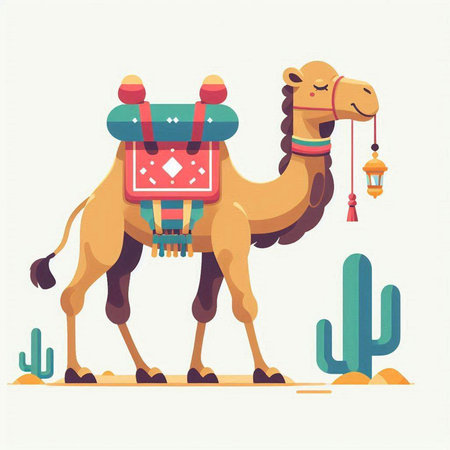 Camel with a cactus. Vector illustration in flat style.のイラスト素材